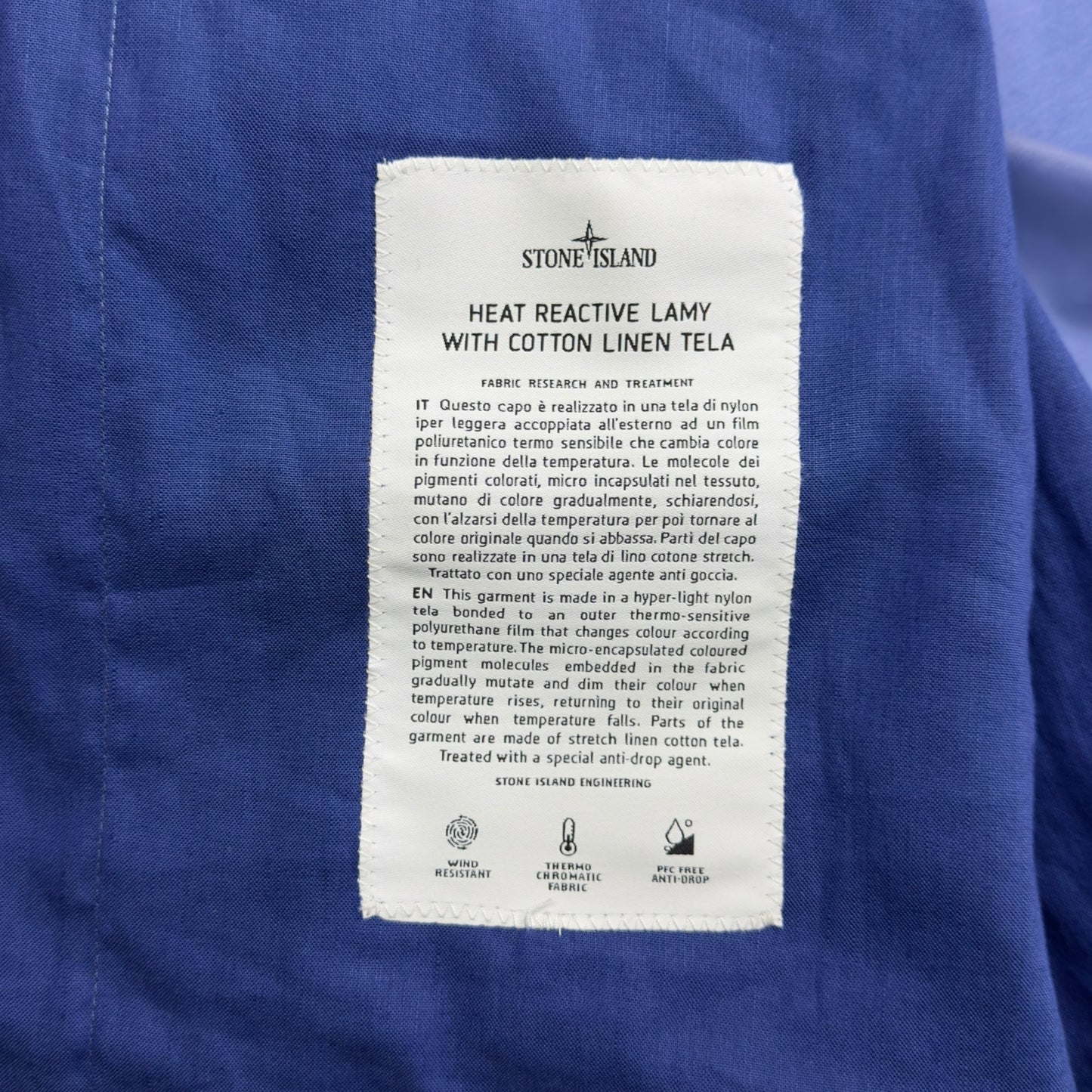 S/S 22 Stone Island Heat Reactive Lamy with Cotton Linen Tela - Blue