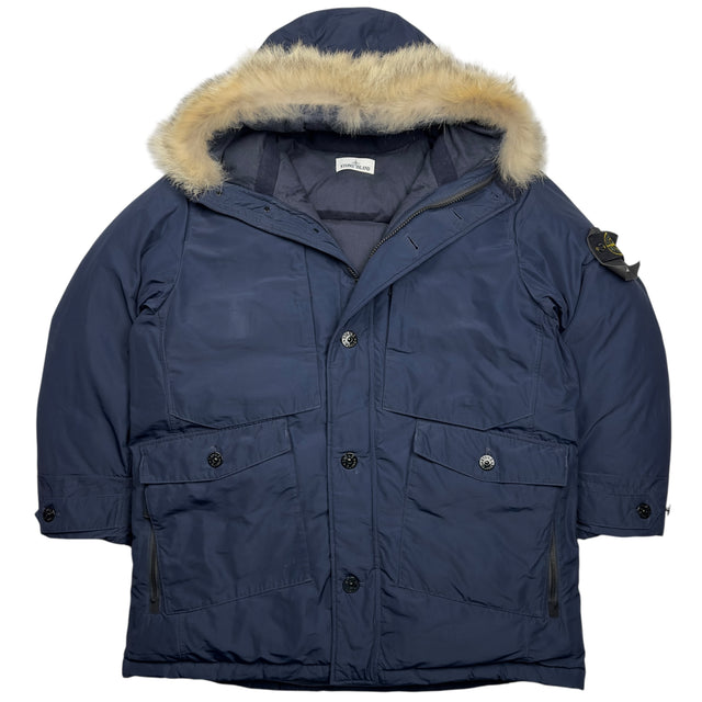 A/W 17 Stone Island Micro Reps Down Fur Trimmed Puffer Parka Jacket - Navy