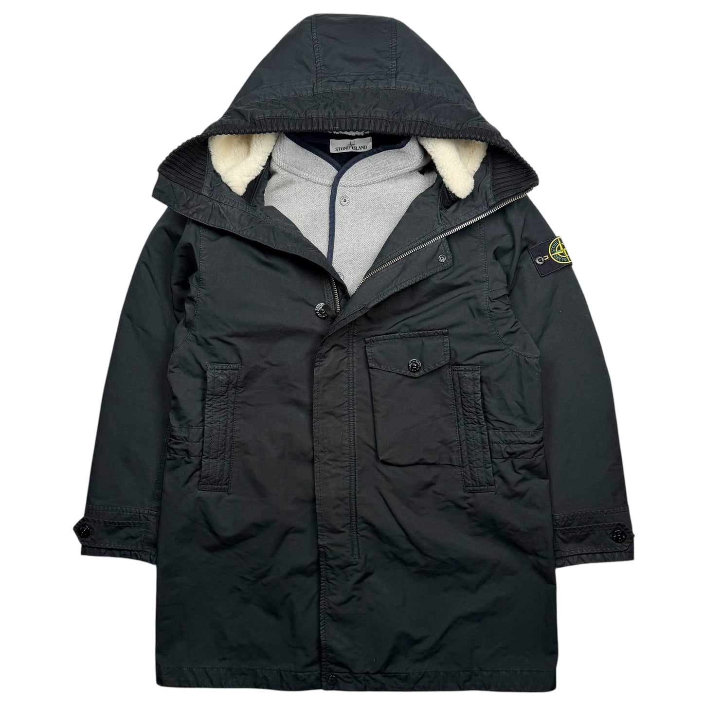 A/W 20 Stone Island David TC Parka Jacket with Knit Wool Lining & Shearling Hood - Black