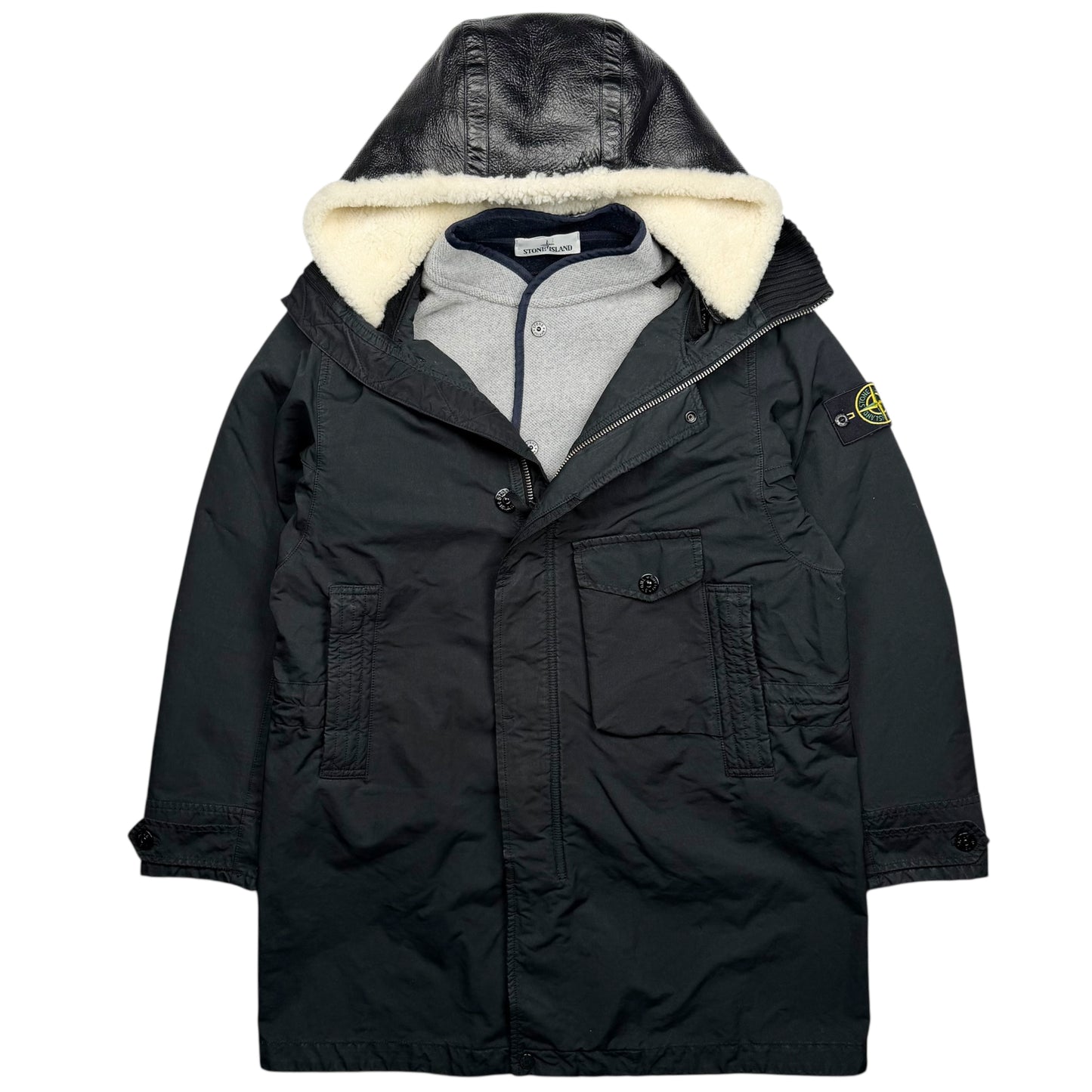 A/W 20 Stone Island David TC Parka Jacket with Knit Wool Lining & Shearling Hood - Black