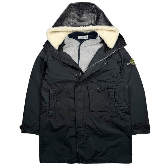A/W 20 Stone Island David TC Parka Jacket with Knit Wool Lining & Shearling Hood - Black