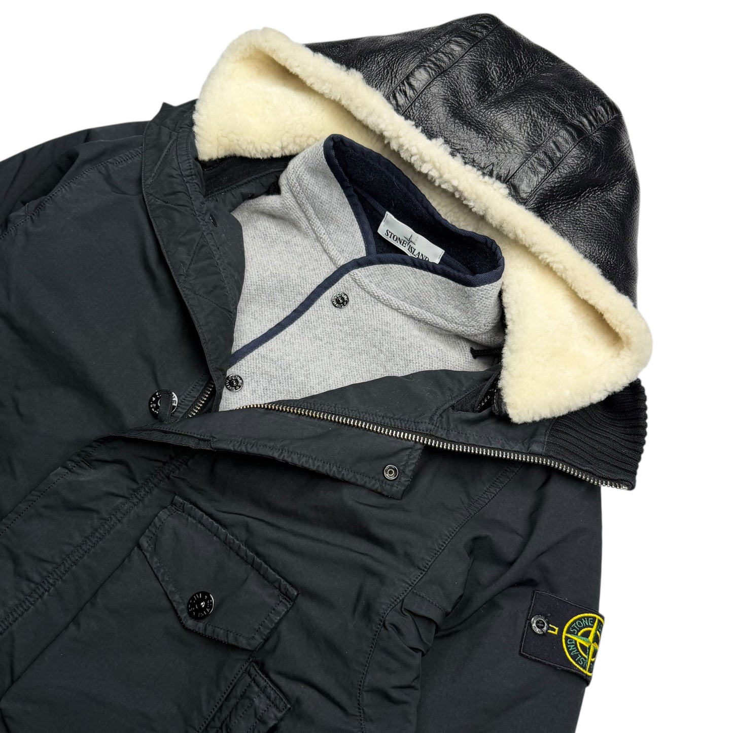 A/W 20 Stone Island David TC Parka Jacket with Knit Wool Lining & Shearling Hood - Black