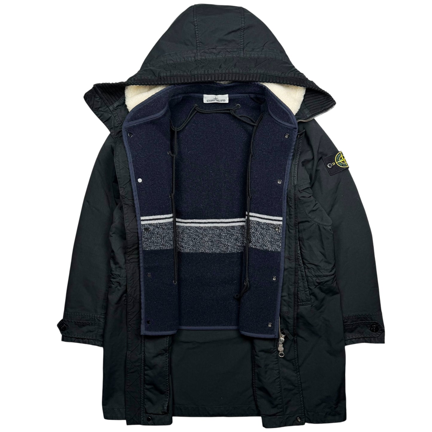 A/W 20 Stone Island David TC Parka Jacket with Knit Wool Lining & Shearling Hood - Black