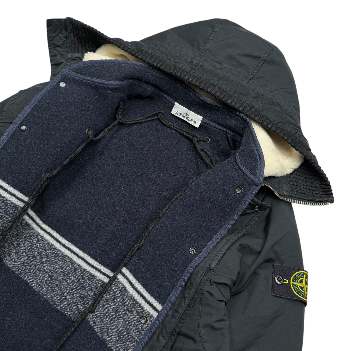 A/W 20 Stone Island David TC Parka Jacket with Knit Wool Lining & Shearling Hood - Black