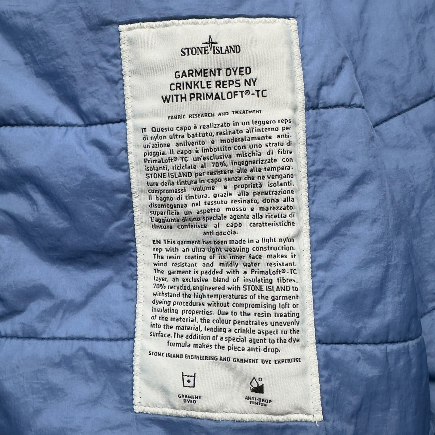 A/W 20 Stone Island Crinkle Reps R-NY with Primaloft Jacket - Blue