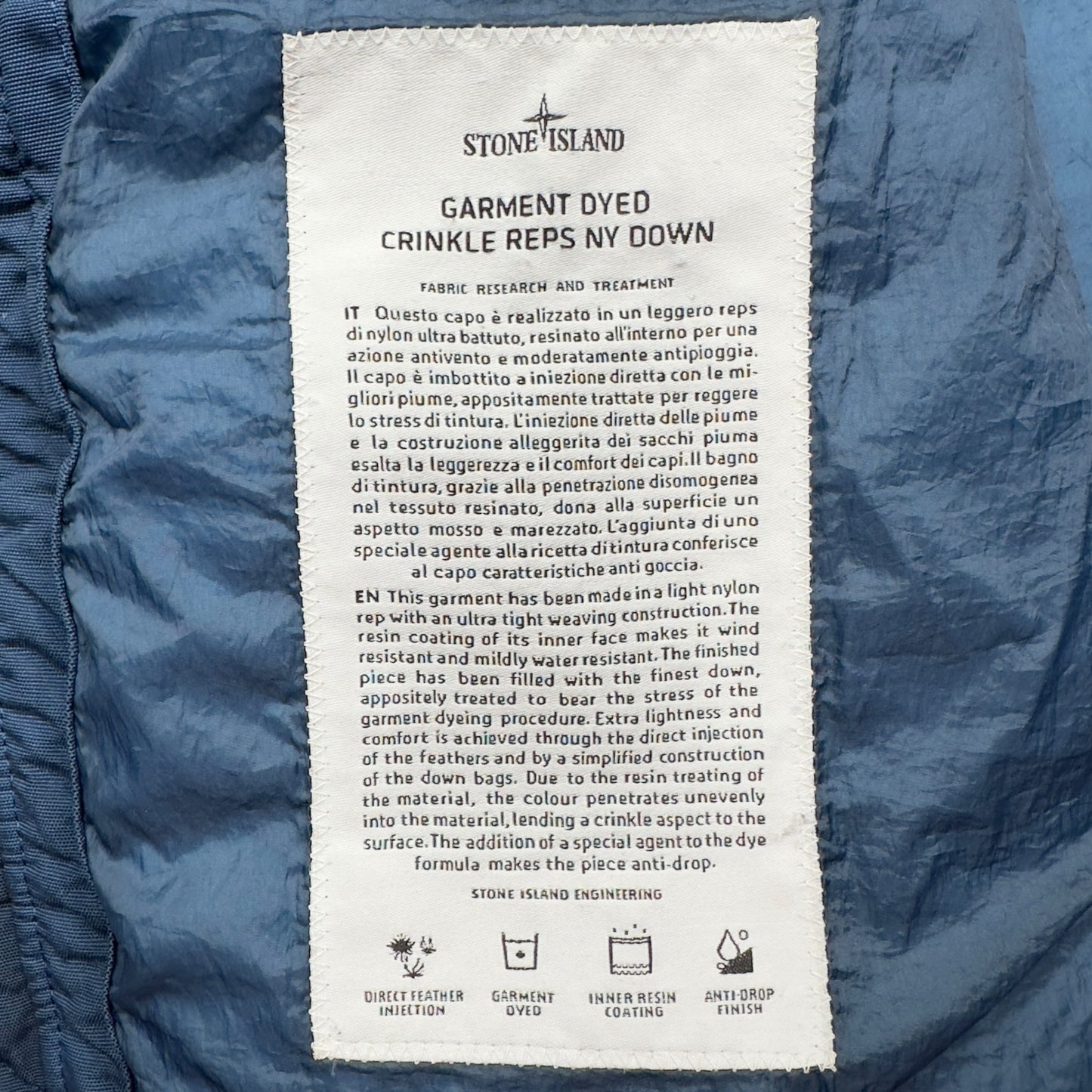 A/W 18 Stone Island Crinkle Reps NY Down Puffer Jacket - Blue
