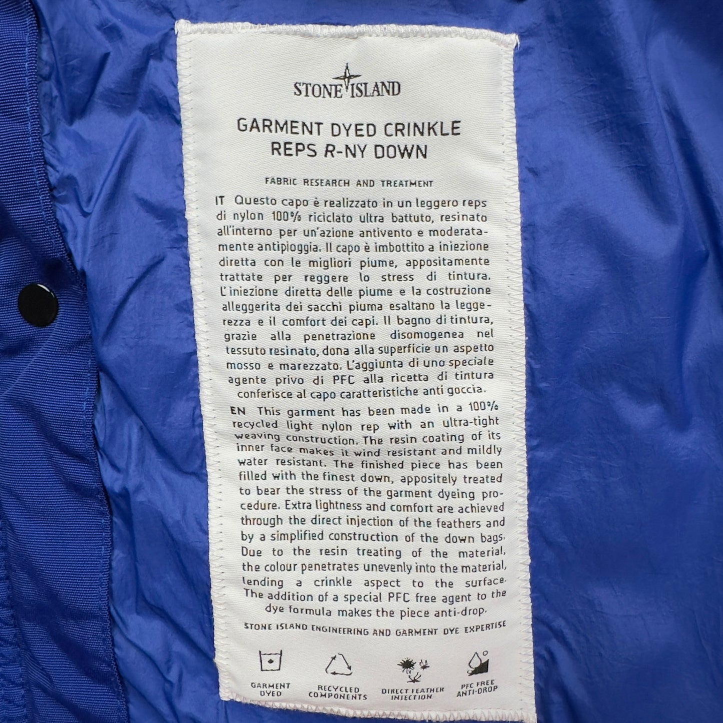 A/W 23 Stone Island Crinkle Reps R NY Down Gilet - Electric Blue