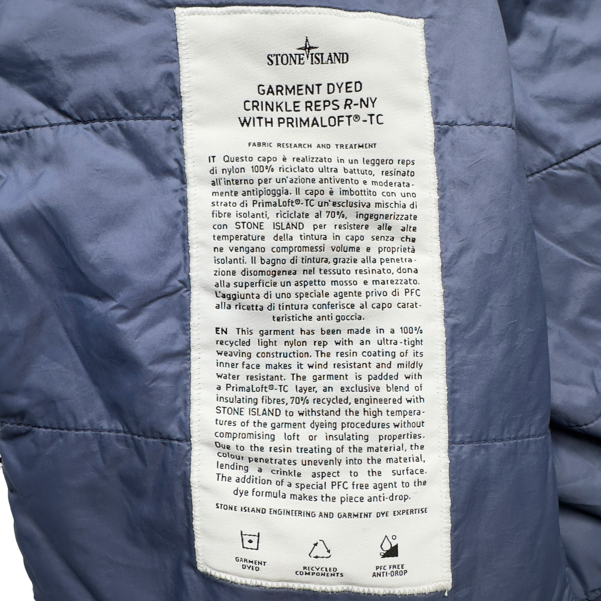 A/W 22 Stone Island Crinkle Reps R-NY with Primaloft Jacket - Blue