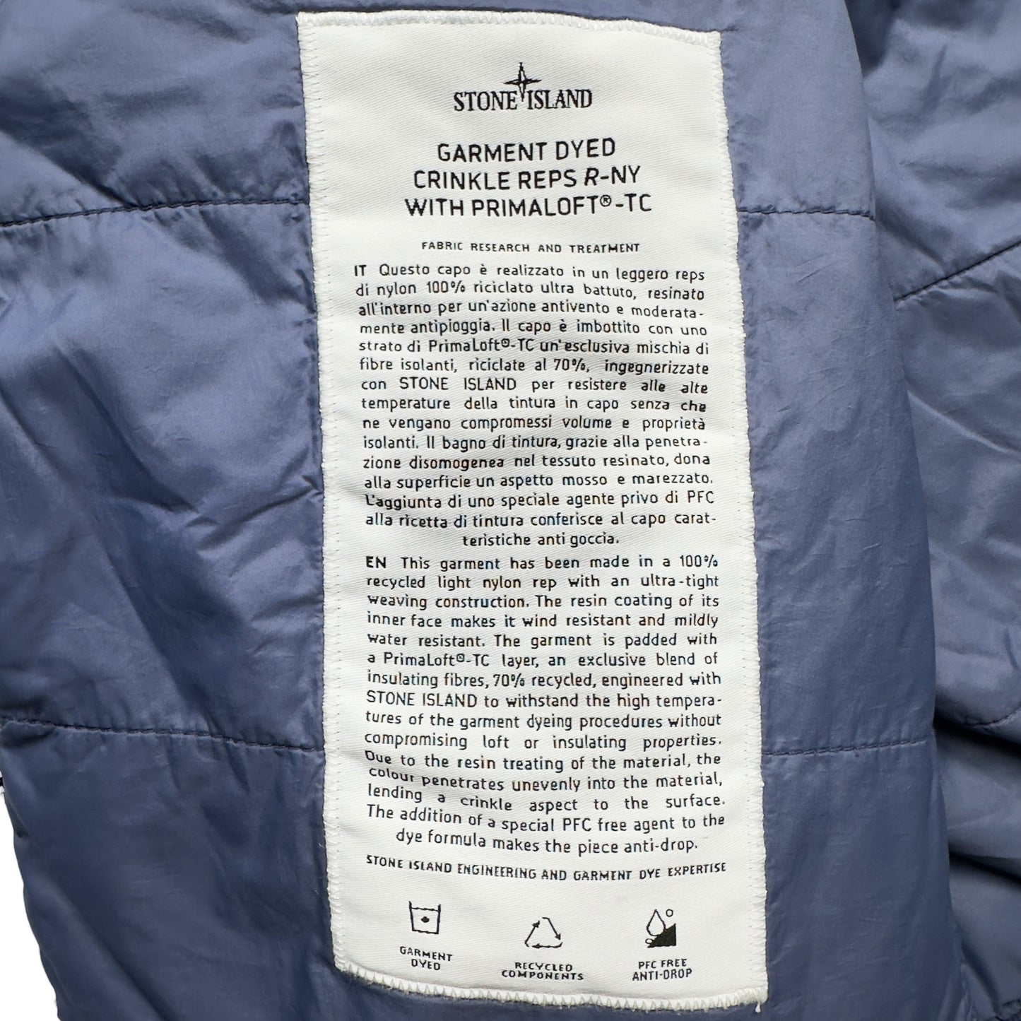 A/W 22 Stone Island Crinkle Reps R-NY with Primaloft Jacket - Blue