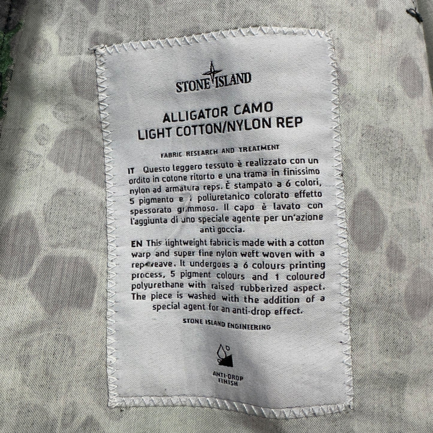 S/S 18 Stone Island Alligator Camo Light Cotton / Nylon Rep Parka