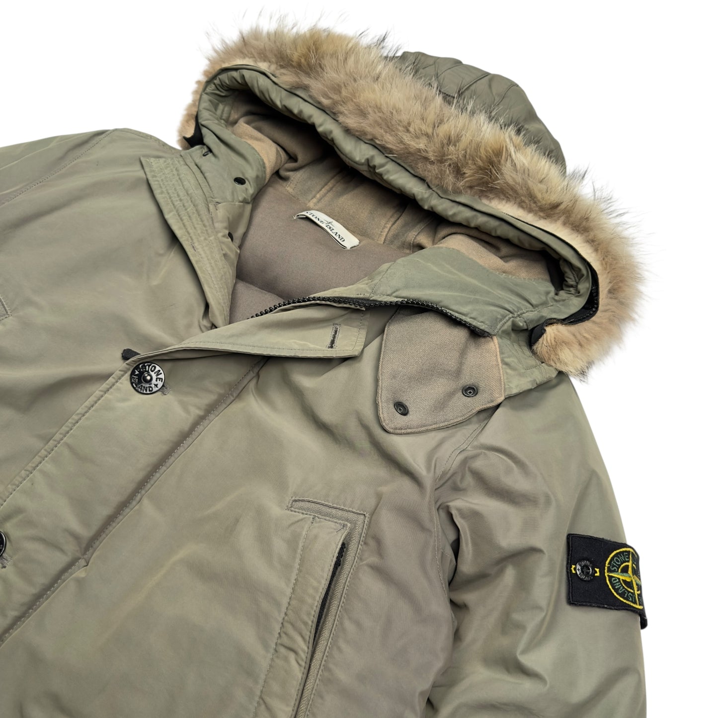 A/W 16 Stone Island Micro Reps Down Fur Trimmed Puffer Parka Jacket - Olive Green